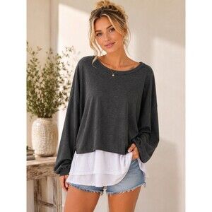 Lulus Top Pullover Layered Look Charcoal Gray White Long Sleeve Size L NWT